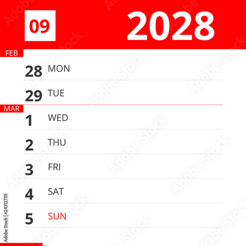 Calendar planner for Week 09 in 2028, ends March 5, 2028 .