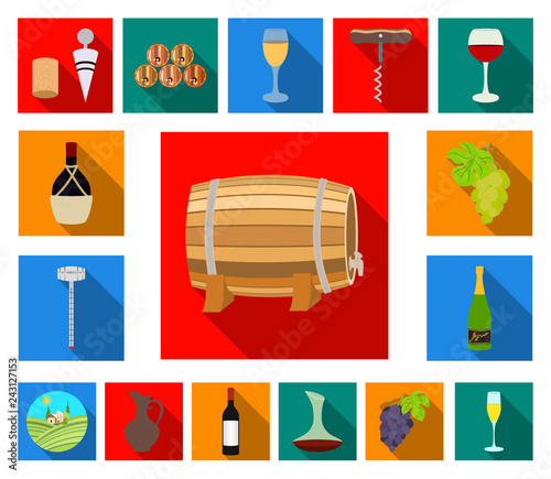 Wine products flat icons in set collection for design. Equipment and production of wine vector symbol stock web illustration.