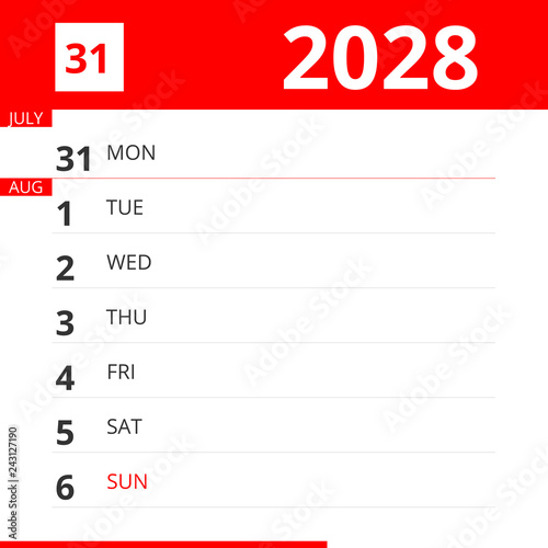 Calendar planner for Week 31 in 2028, ends August 6, 2028 .