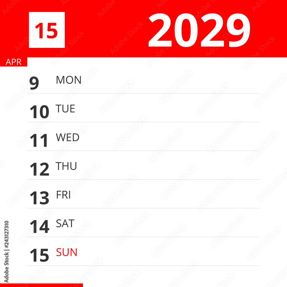 Calendar planner for Week 15 in 2029, ends April 15, 2029 . Calendar planner for Week 15 in 2029, ends April 15, 2029 .