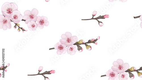 Magenta on white fond. Theme design fabric, invitations, packaging, cards. Handmade Seamless pattern in the Japanese style. Flying sakura flowers.