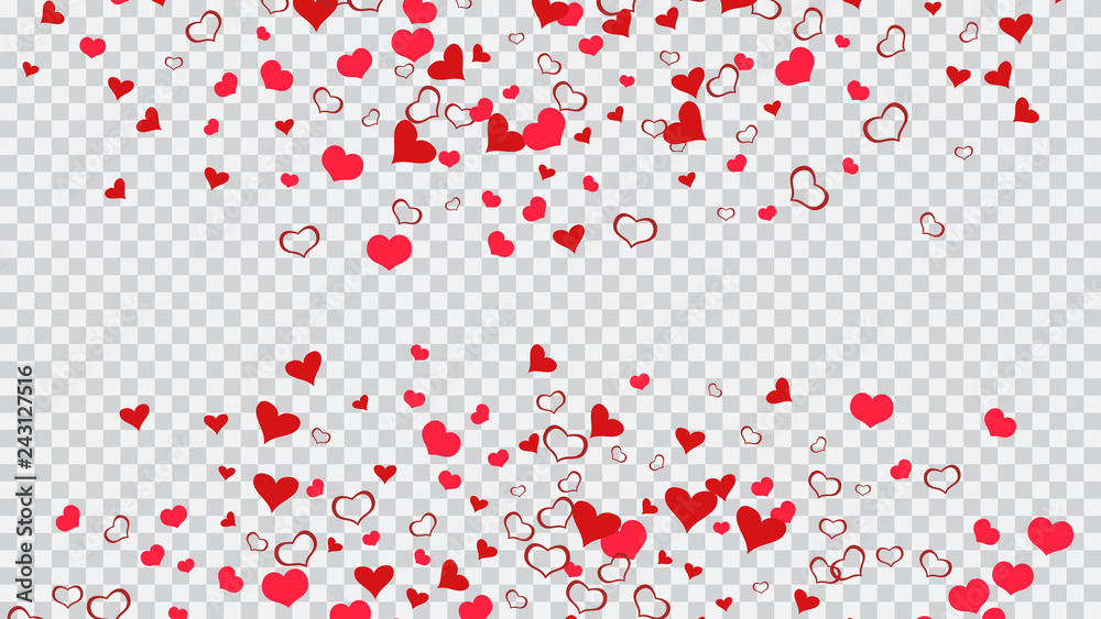 Red hearts of confetti are falling. Festive background. The idea of wallpaper design, textiles, packaging, printing, holiday invitation for birthday. Red on Transparent fond Vector.