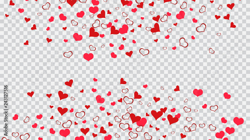 Red hearts of confetti are falling. Festive background. The idea of wallpaper design, textiles, packaging, printing, holiday invitation for birthday. Red on Transparent fond Vector.