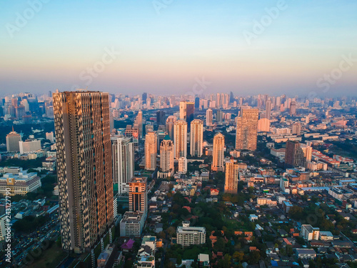 Aerial view of Bangkok modern office city building colorful sunrise © themorningglory