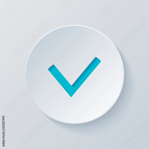 Check mark icon. Cut circle with gray and blue layers. Paper sty