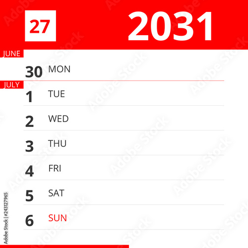 Calendar planner for Week 27 in 2031, ends July 6, 2031 .