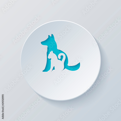 cat and dog icon. Cut circle with gray and blue layers. Paper st