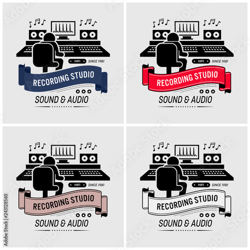 Recording studio and sound engineering logo design. Vector artwork of a music composer mixing and editing sound in an audio room with all the professional equipments