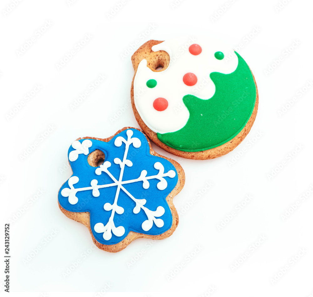Christmas сookies background, isolated on white. New year holiday decoration, winter time food.