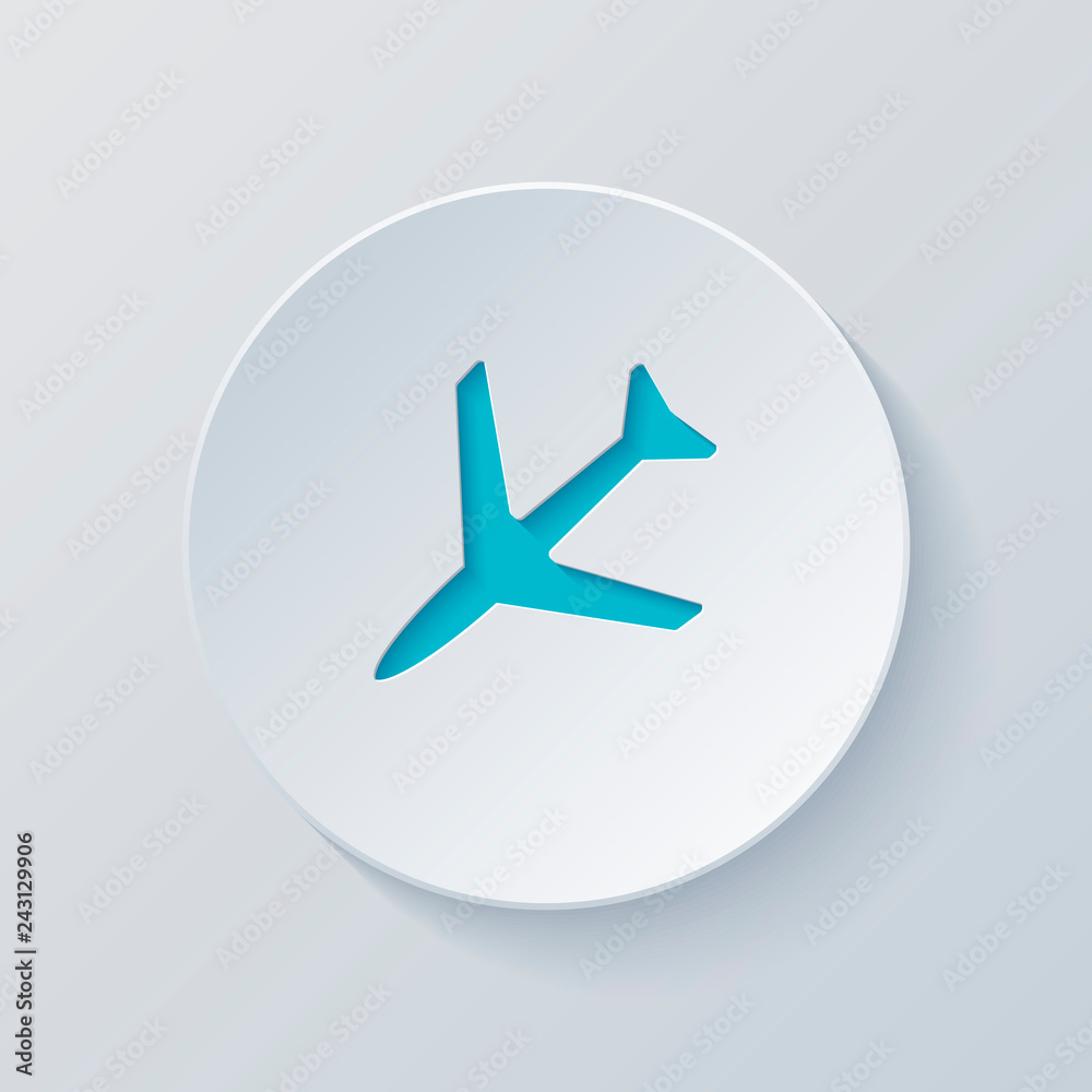 Plane icon. Cut circle with gray and blue layers. Paper style