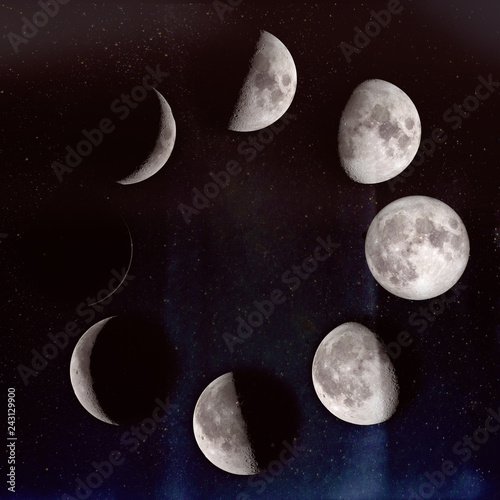 Phases of the Moon: waxing crescent, first quarter, waxing gibbous, full moon, waning gibbous, third guarter, waning crescent, new moon. On a starry sky. The elements of this image furnished by NASA.