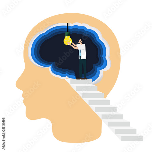 Medical doctor open a light bulb inside the brain as a symbol of creative idea. Concept for cognitive rehabilitation in Alzheimer disease and dementia patient. White background.
