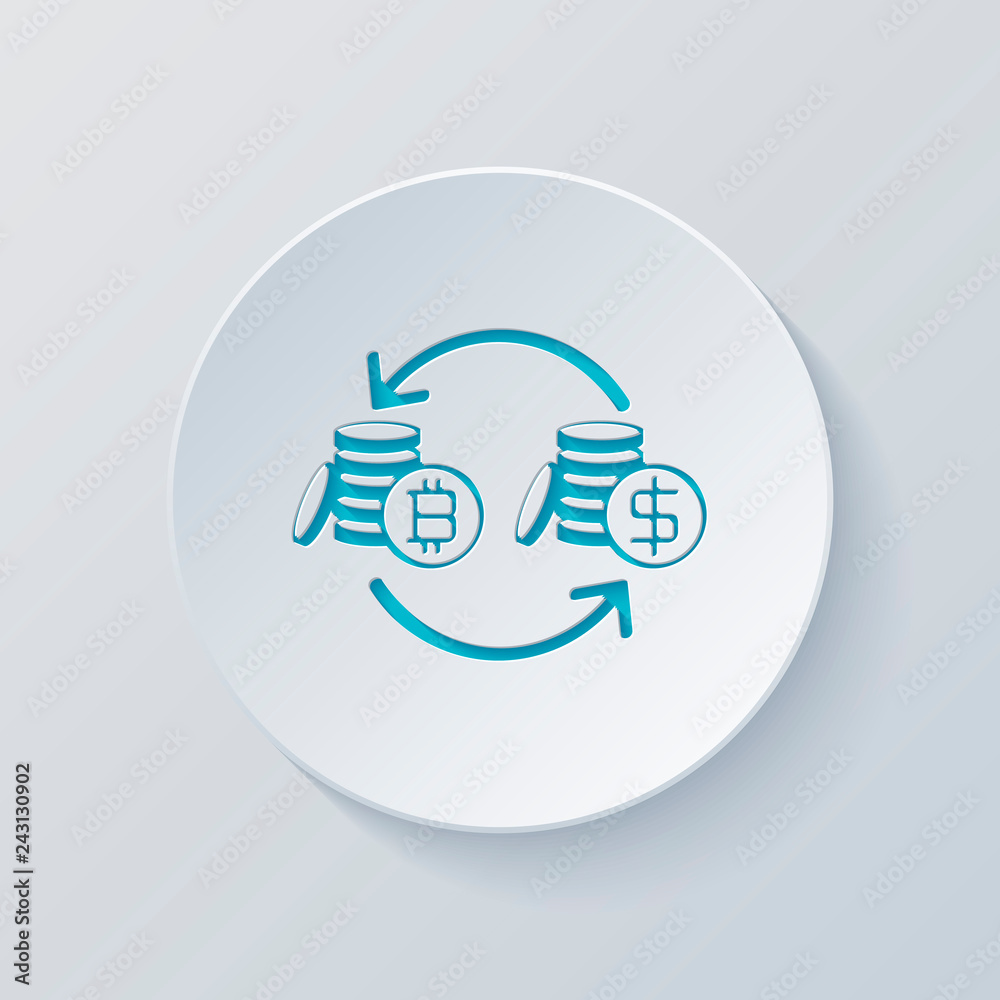 change bitcoin icon. Cut circle with gray and blue layers. Paper change bitcoin icon. Cut circle with gray and blue layers. Paper