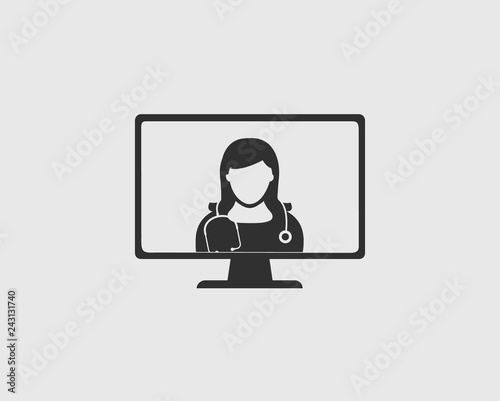 Online healthcare icon. Nurse symbol on computer monitor.