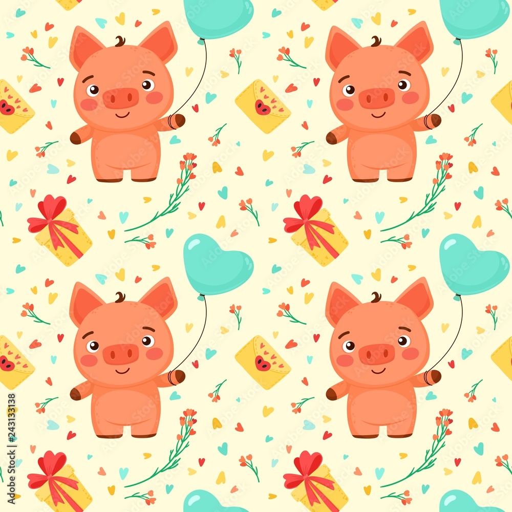 Vector seamless pattern with Valentine's Day elements and piglet. Pattern in cartoon style.