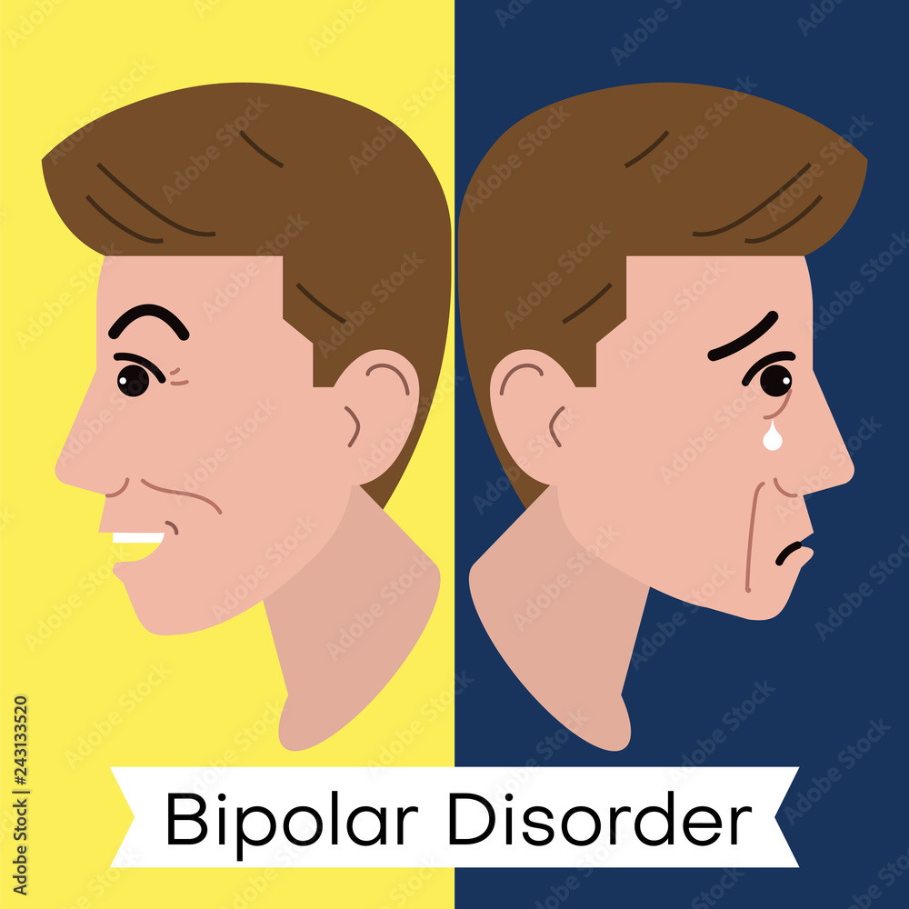 Mental health problem illustration. Vector image of a happy and sad face. Opposite emotions. Symptoms of Bipolar Disorder Mental health problem illustration. Vector image of a happy and sad face. Opposite emotions. Symptoms of Bipolar Disorder
