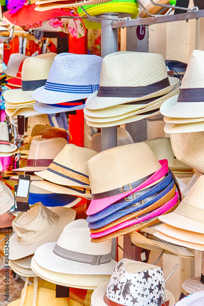 Variety of canvas hats and Stetsons on Display in Chania City, in Crete , Greece