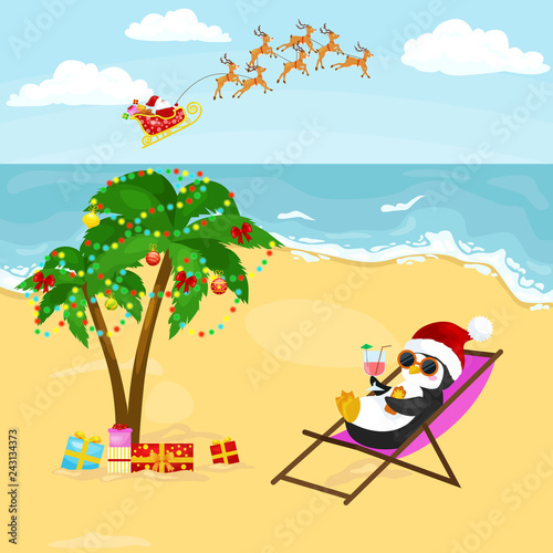 Cartoon penguin resting in hammock with drink near ocean