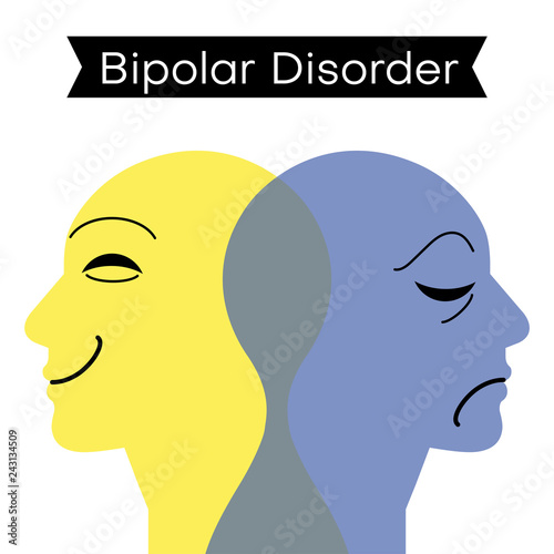 Mood disorder. Split personality. Bipolar disorder mind mental. Dual personality concept. Vector illustration.