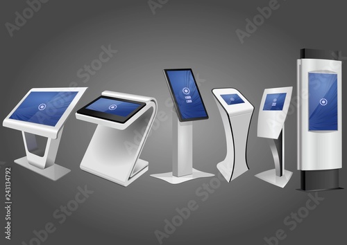 Six Promotional Interactive Information Kiosk, Advertising Display, Terminal Stand, Touch Screen Display. Mock Up Template.