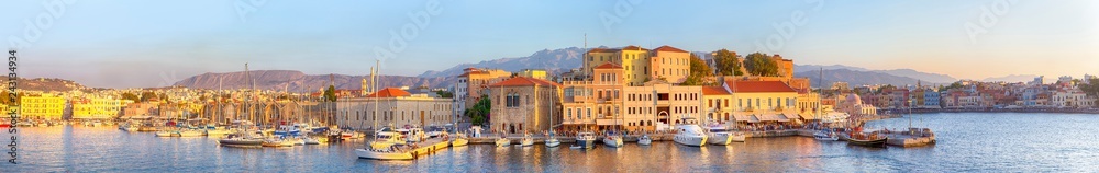 Amazing and Picturesque Old Center of Chania  Cityscape with Ancient Venetian Port in Crete, Greece.