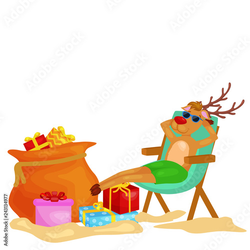 Cartoon xmas deer resting in chair with bag full of presents