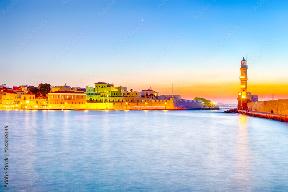 Night Panorama of Old Venetian City of Chania Taken at Blue Hour from Pier with the Lighthouse in Background