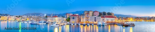 Amazing and Picturesque Old Center of Chania Cityscape with Ancient Venetian Port At Blue Hour in Crete, Greece.