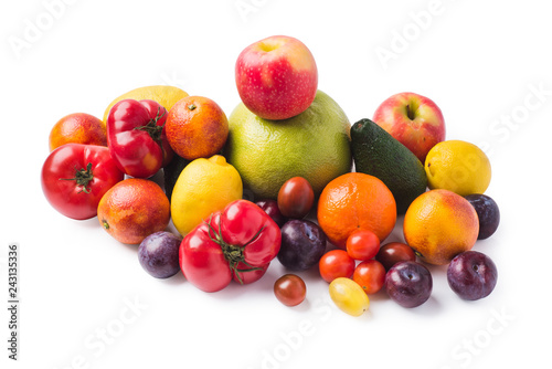 Fresh fruits and vegetables isolated over white  clipping path