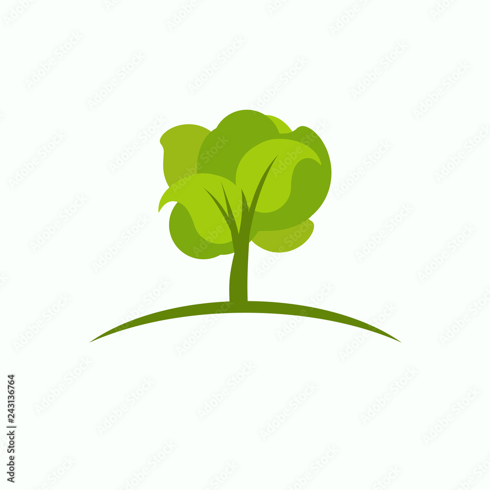 Green flat cartoon tree on curved line isolated on white. Green flat cartoon tree on curved line isolated on white.