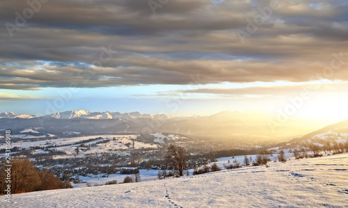 Beautiful sunny and winter panorama view of the Tatra Mountains