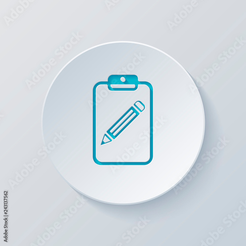 tablet, paper and pencil. Cut circle with gray and blue layers.