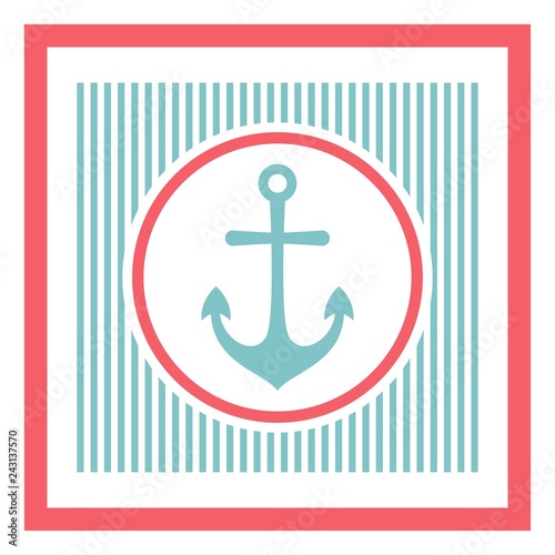 Nautical anchor on striped retro background. Ship and boat label.