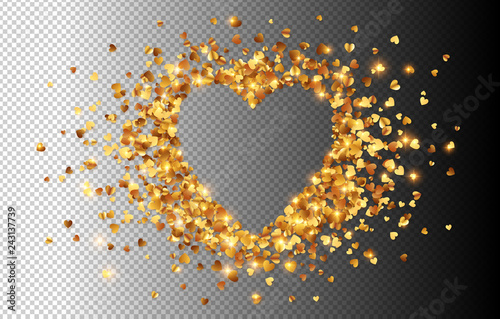 Golden hearts confetti vector heart shape frame isolated on transparency greed background