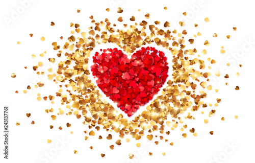 Purple heart in frame of little golden confetti hearts, vector Valentines day card template