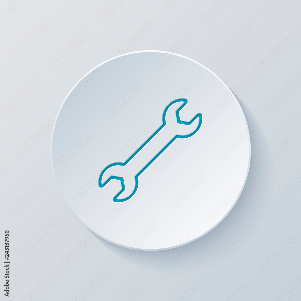Wrench. Linear, thin outline. Cut circle with gray and blue laye Wrench. Linear, thin outline. Cut circle with gray and blue laye