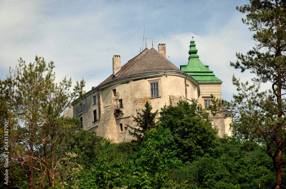Old beautiful medieval castle on the hill among the trees