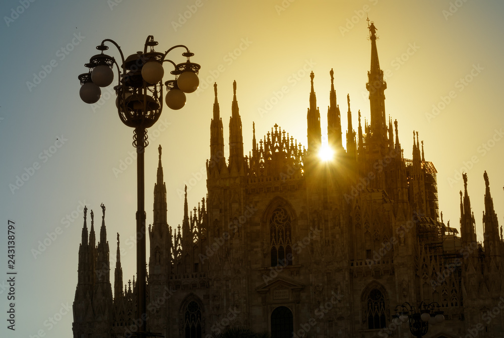 Silhouette of Milan Cathedral at sunrise