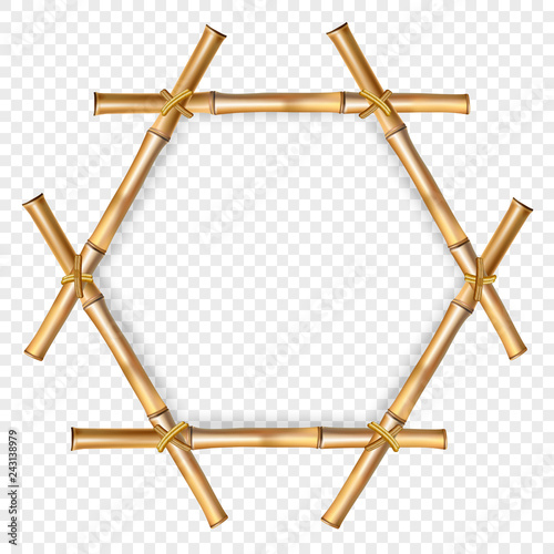 Hexagonal brown bamboo poles frame with rope and copy space