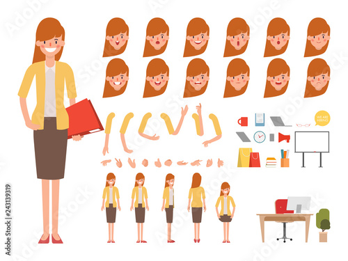 Businesswoman character creation design. Animation character office woman employee.  Face Emotions, Expressions. Cartoon Illustration