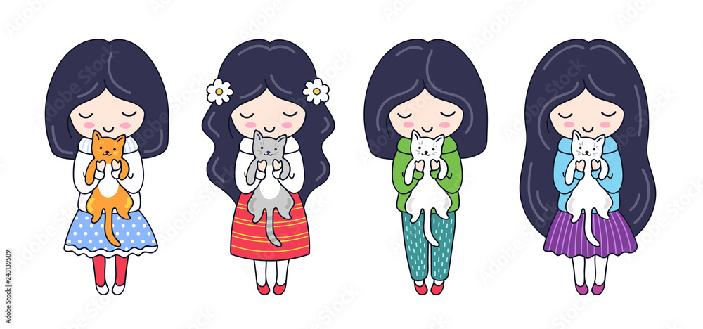 Set of cute little dark-haired girls with kittens. Set of cute little dark-haired girls with kittens.