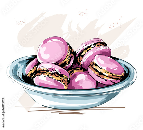 Hand drawn cute plate with pink macaroons. Beautiful cookies. Sketch. Vector illustration.