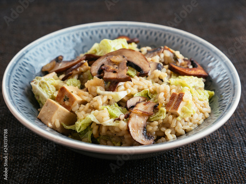 Bowl with a home made mushroom savoy cabbage risotto with tofu