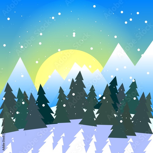 Square vector illustration of snowy forest valley with mountains