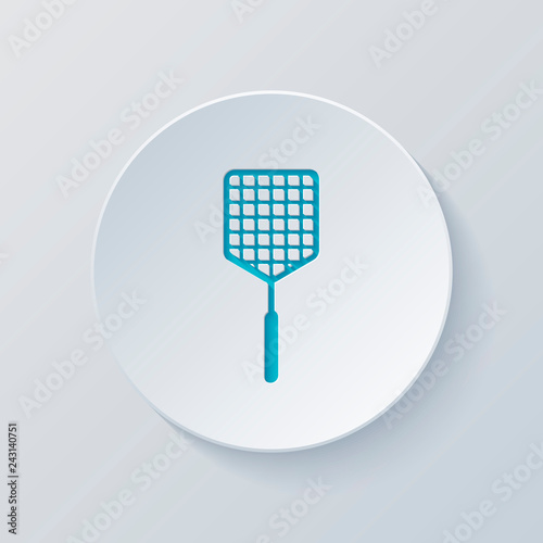 Fly swatter icon. Cut circle with gray and blue layers. Paper st