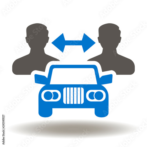 Car sharing icon vector. Carpooling logo. Automobile two man arrows illustration. Ride share symbol.