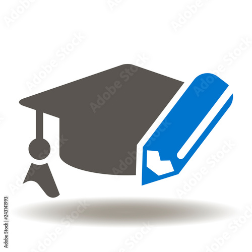 Graduation cap pencil icon vector. E-learning logo. Education and development illustration. Knowledge symbol.