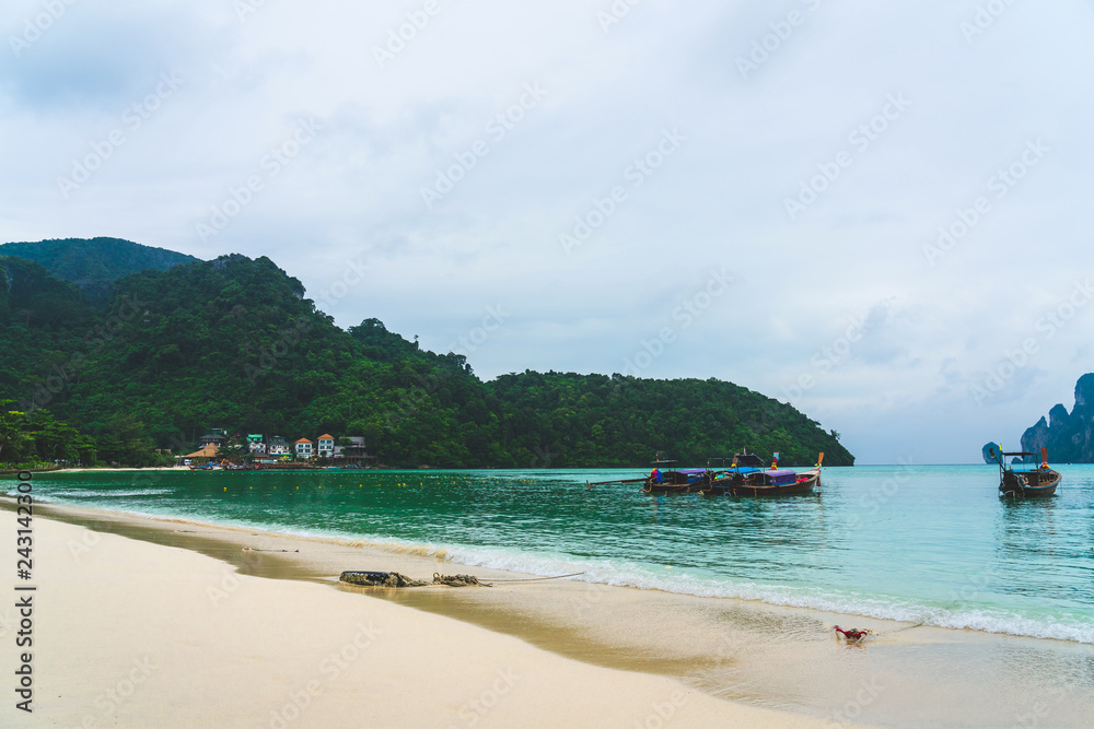 Take a longtail boat Sunshine at Sand and Sea Asia Beach PP Island, Krabi, Phuket,  Thailand Destinations Beautiful Tropical Ocean Summer view