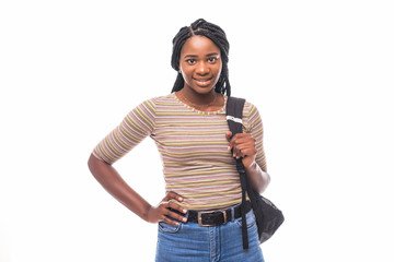 College student young African American woman isolated on white background