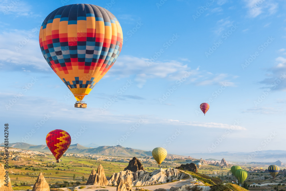 Fototapeta premium Hot air balloon flying over red poppies field Cappadocia region, Turkey
